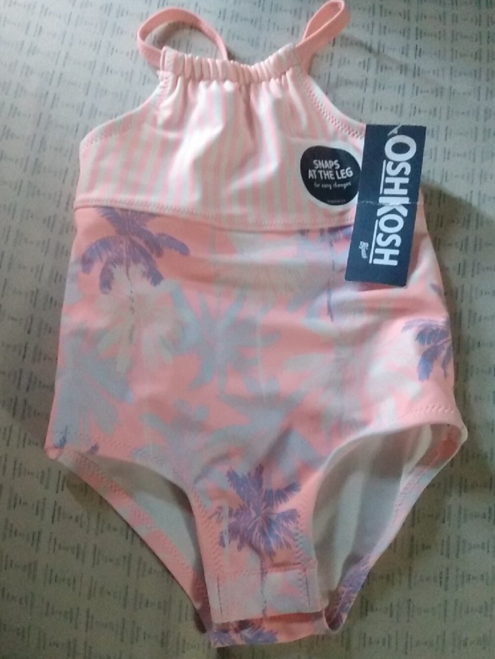 NWT Oshkosh B'Gosh 9 Months Baby Girls Pink Palm Trees & Stripe Print Swimsuit